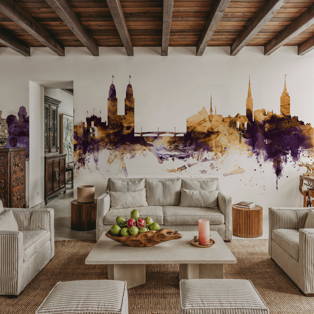 Zurich Switzerland Skyline Purple & Gold Mural Wallpaper - room preview 06
