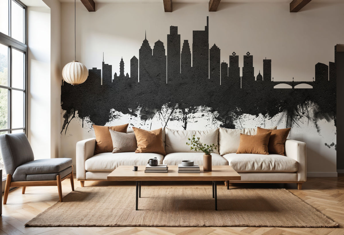 Philadelphia Skyline Black & White Mural Wallpaper - room preview 06