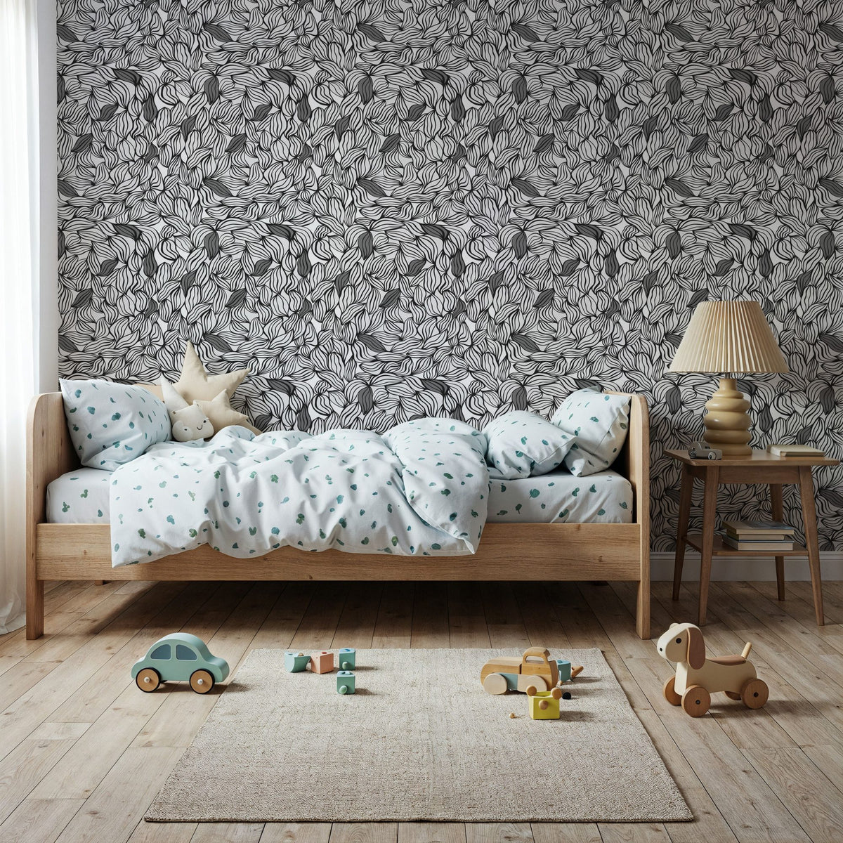 Negative Leaf, Black & White Mural Wallpaper - room preview 06
