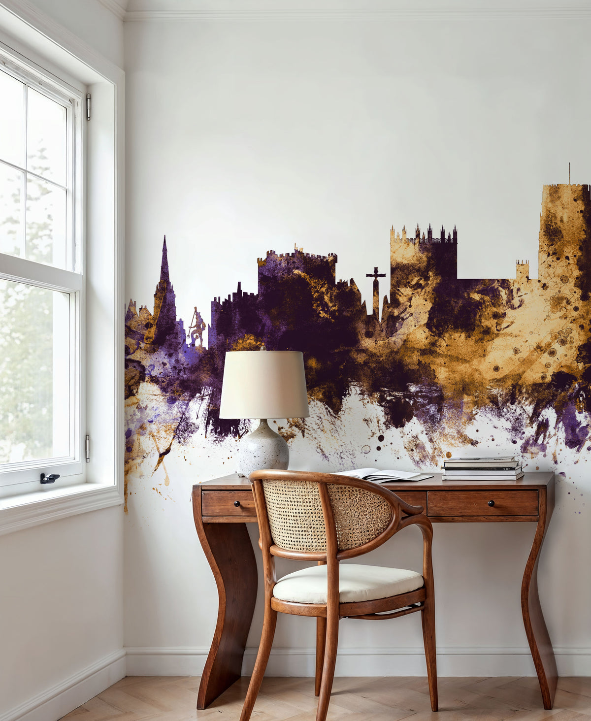 Durham England Skyline Purple & Gold Mural Wallpaper - room preview 06