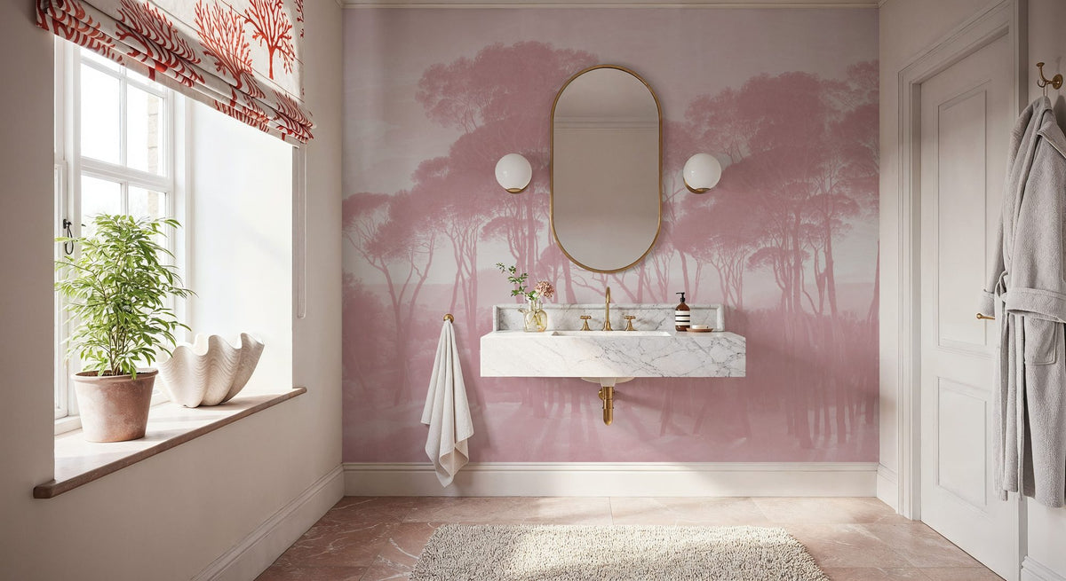 Mediterranean Pine Landscape, Dusty Pink Mural Wallpaper - room preview 06