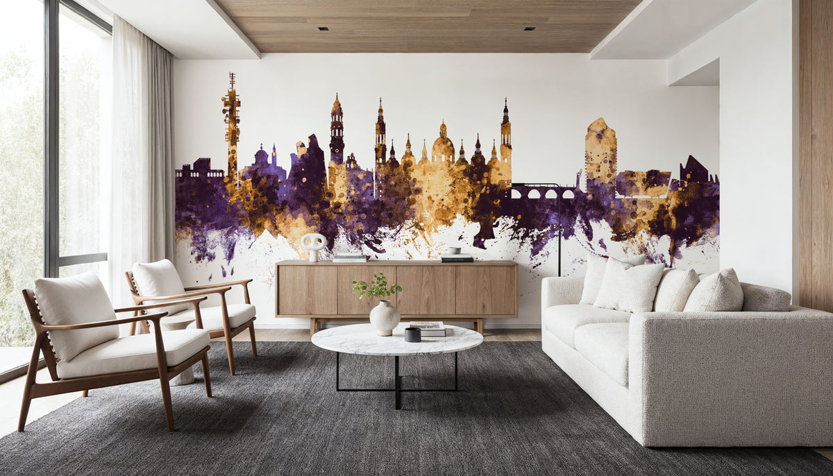 Zaragoza Spain Skyline Purple & Gold Mural Wallpaper - room preview 06