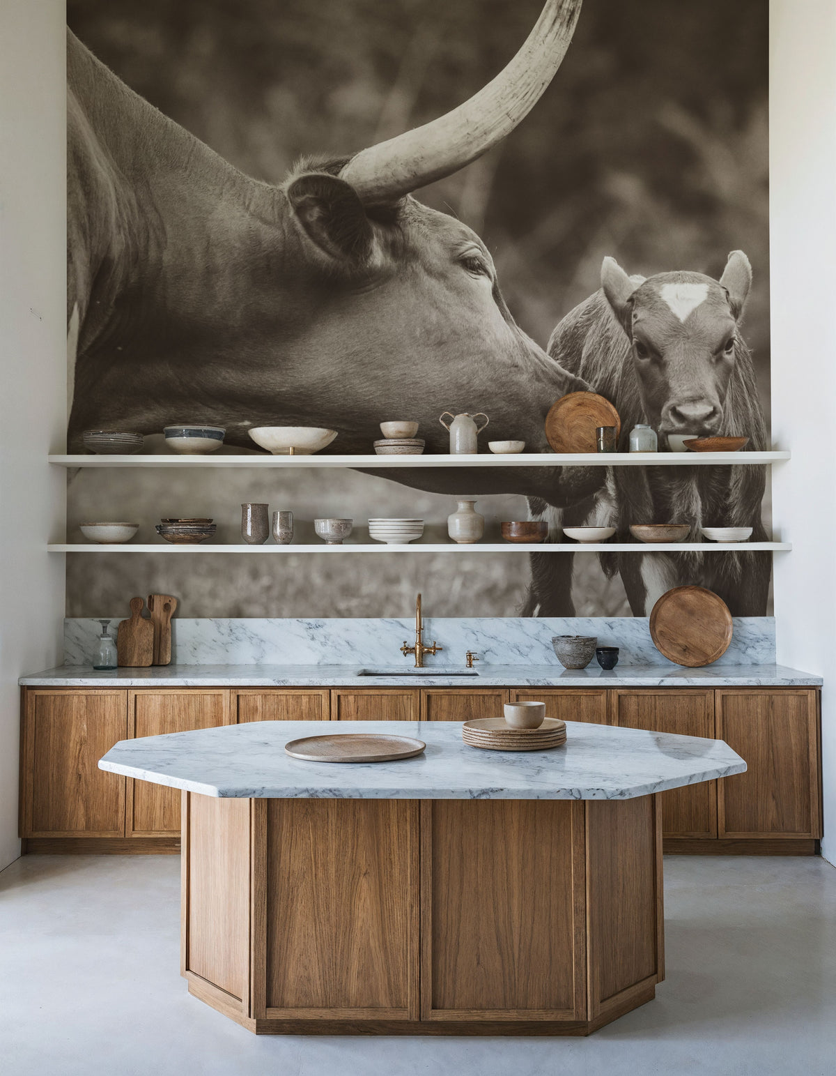 Longhorn Pasture Pair Sepia Mural Wallpaper - room preview 06