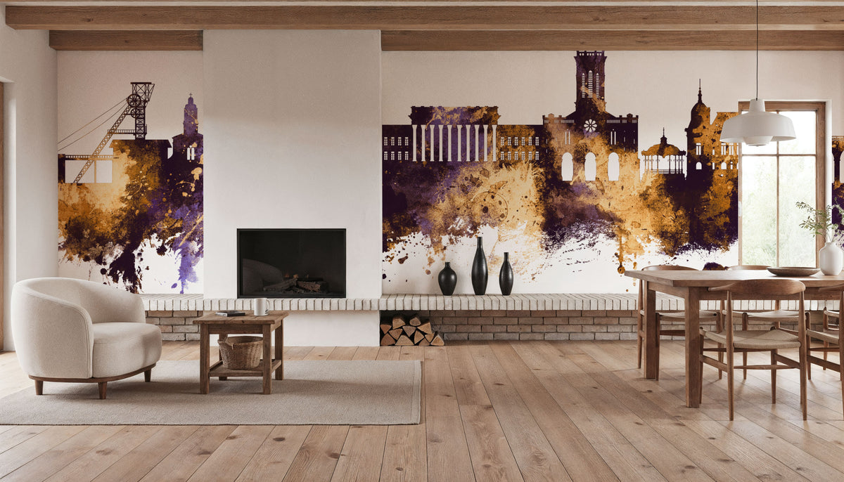 Saint-Étienne France Skyline Purple & Gold Mural Wallpaper - room preview 06