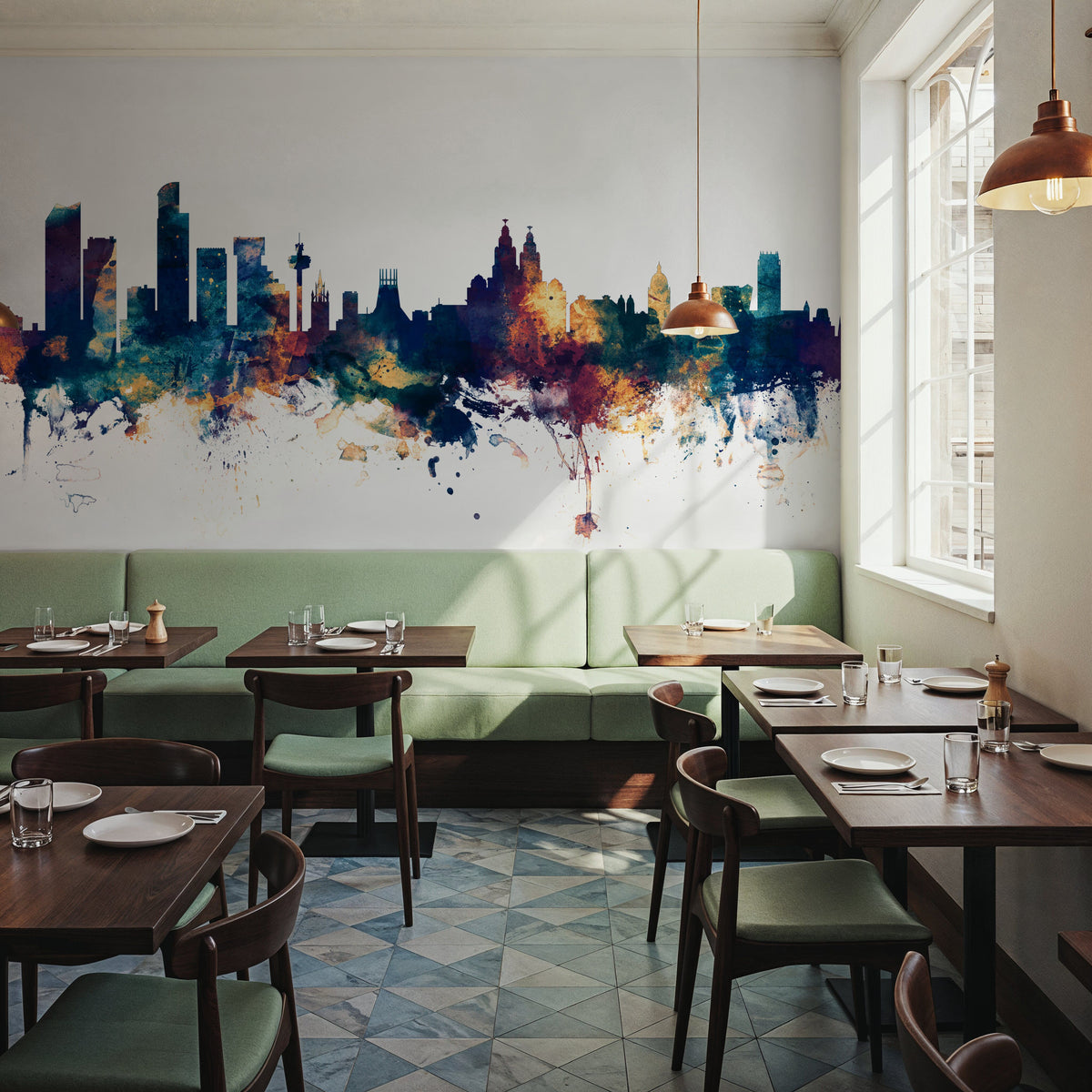 Liverpool England Skyline Blue & Bronze Mural Wallpaper - room preview 06