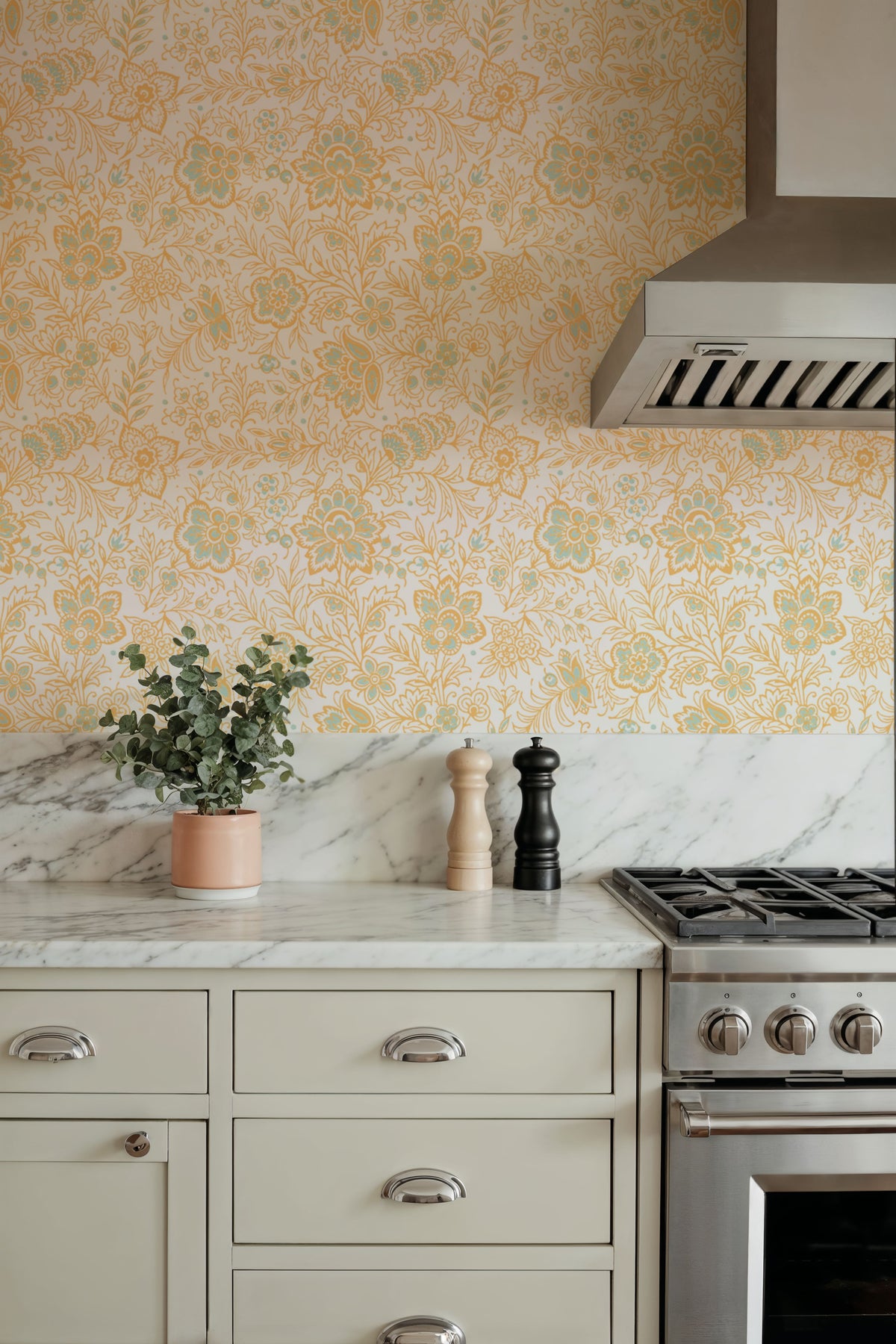 Kala Flowers Yellow on White Mural Wallpaper - room preview 06