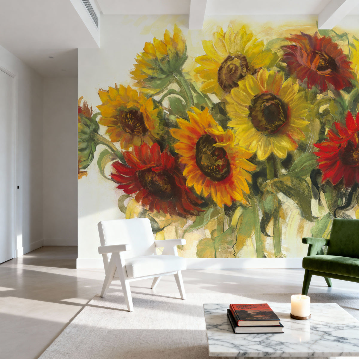 Gathering Sunflowers on White Mural Wallpaper - room preview 06