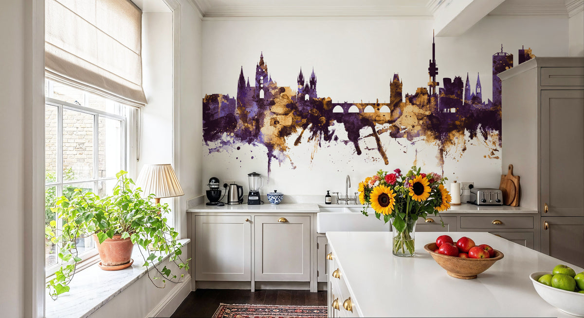 Prague (Praha) Czech Reublic Skyline Purple & Gold Mural Wallpaper - room preview 06