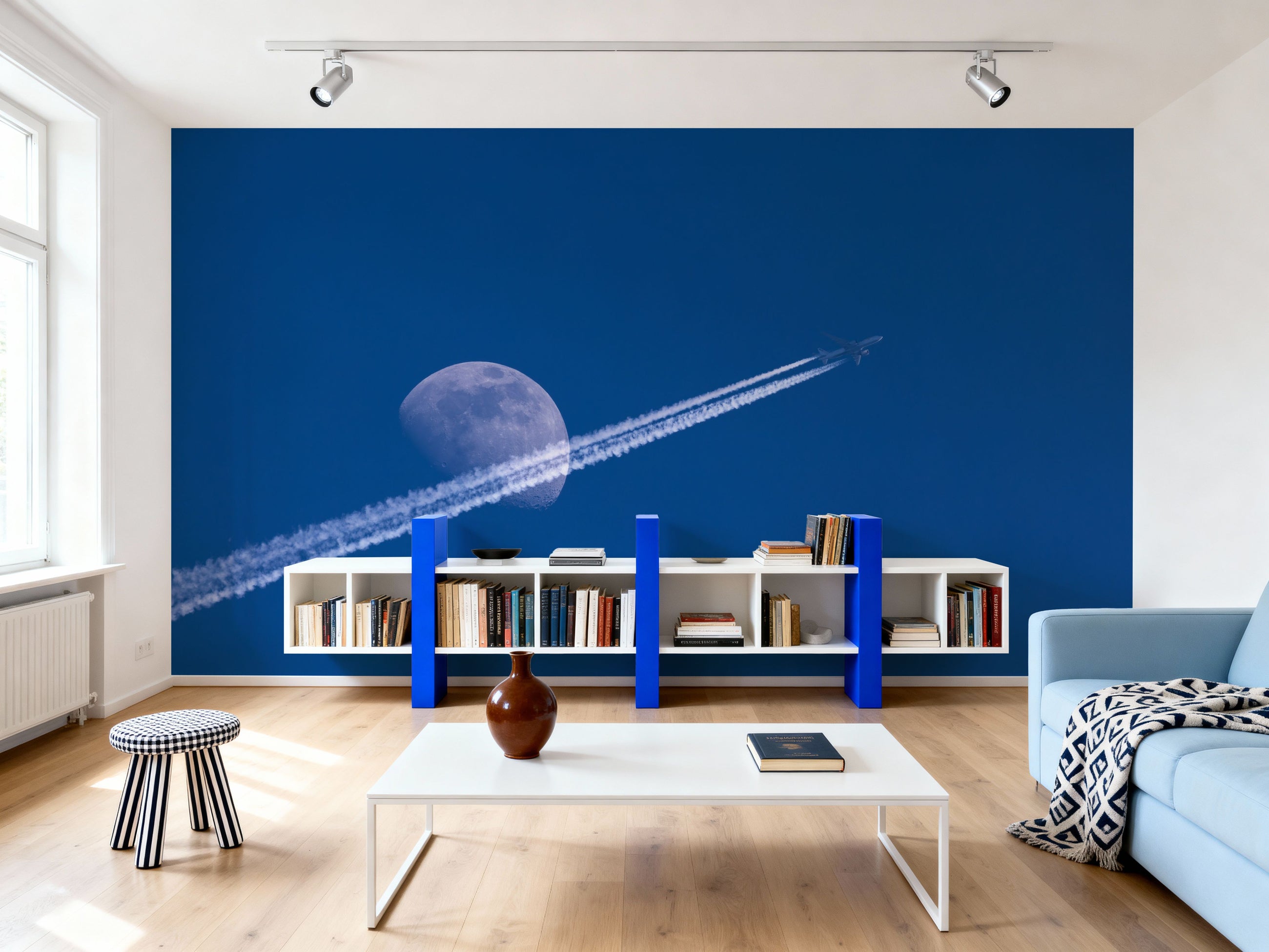 Airplane Trails and Moon Mural Wallpaper