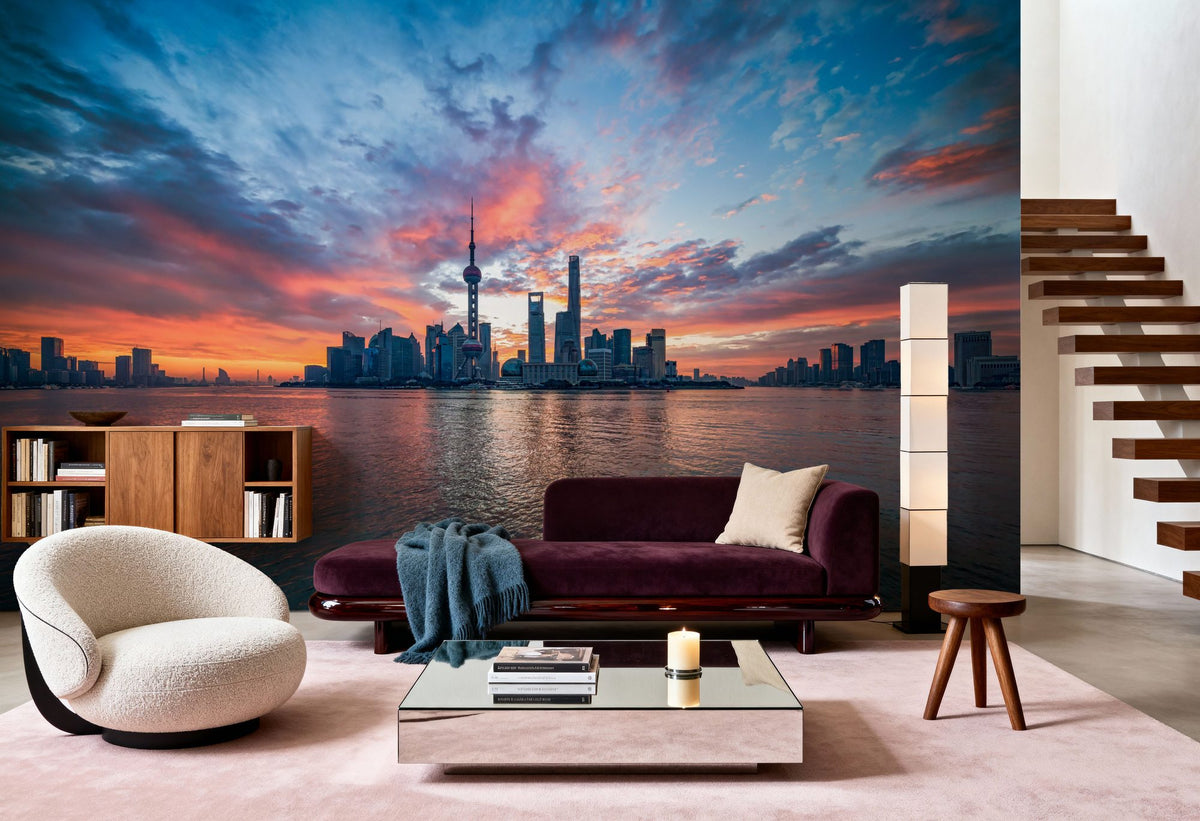 Pudong Sunrise Blue Mural Wallpaper - room preview 06