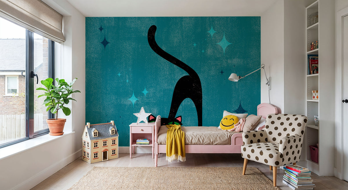 Retro Cat, Blue Mural Wallpaper - room preview 06