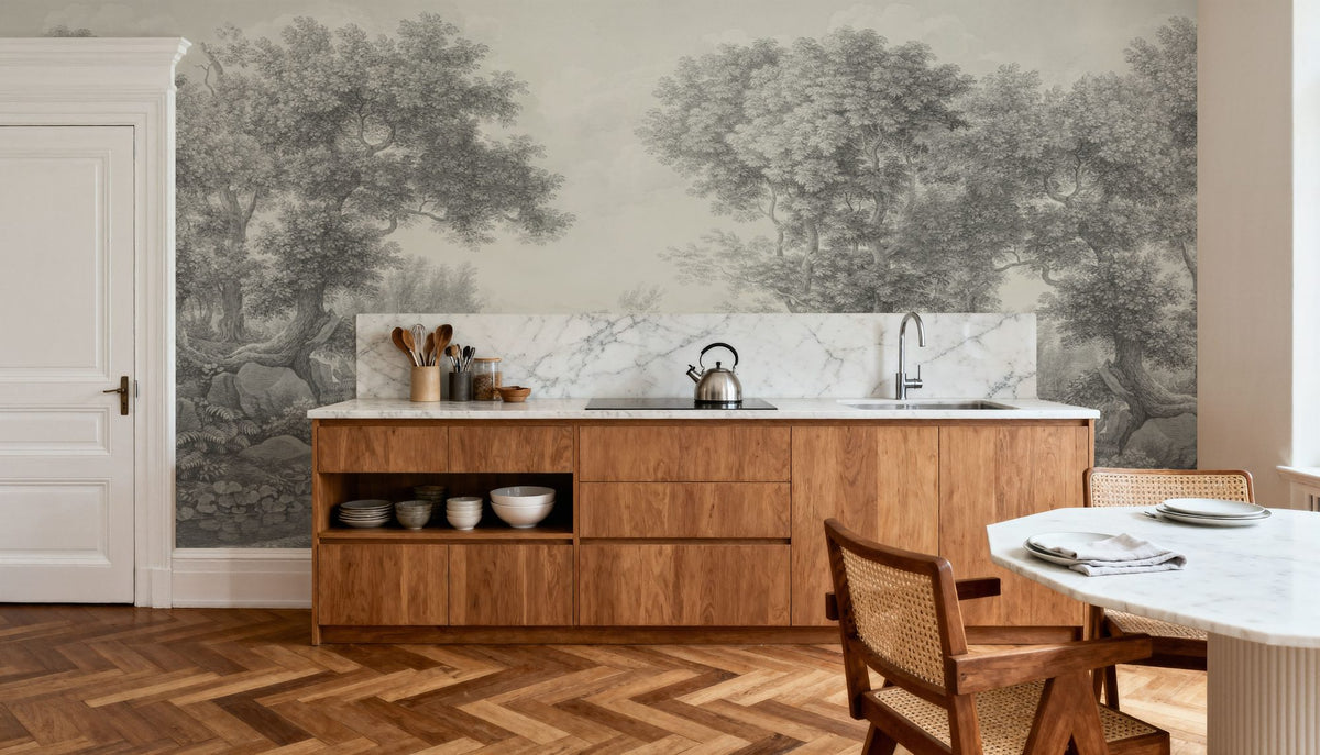 Riverbank Oak Landscape, Argent Mural Wallpaper - room preview 06