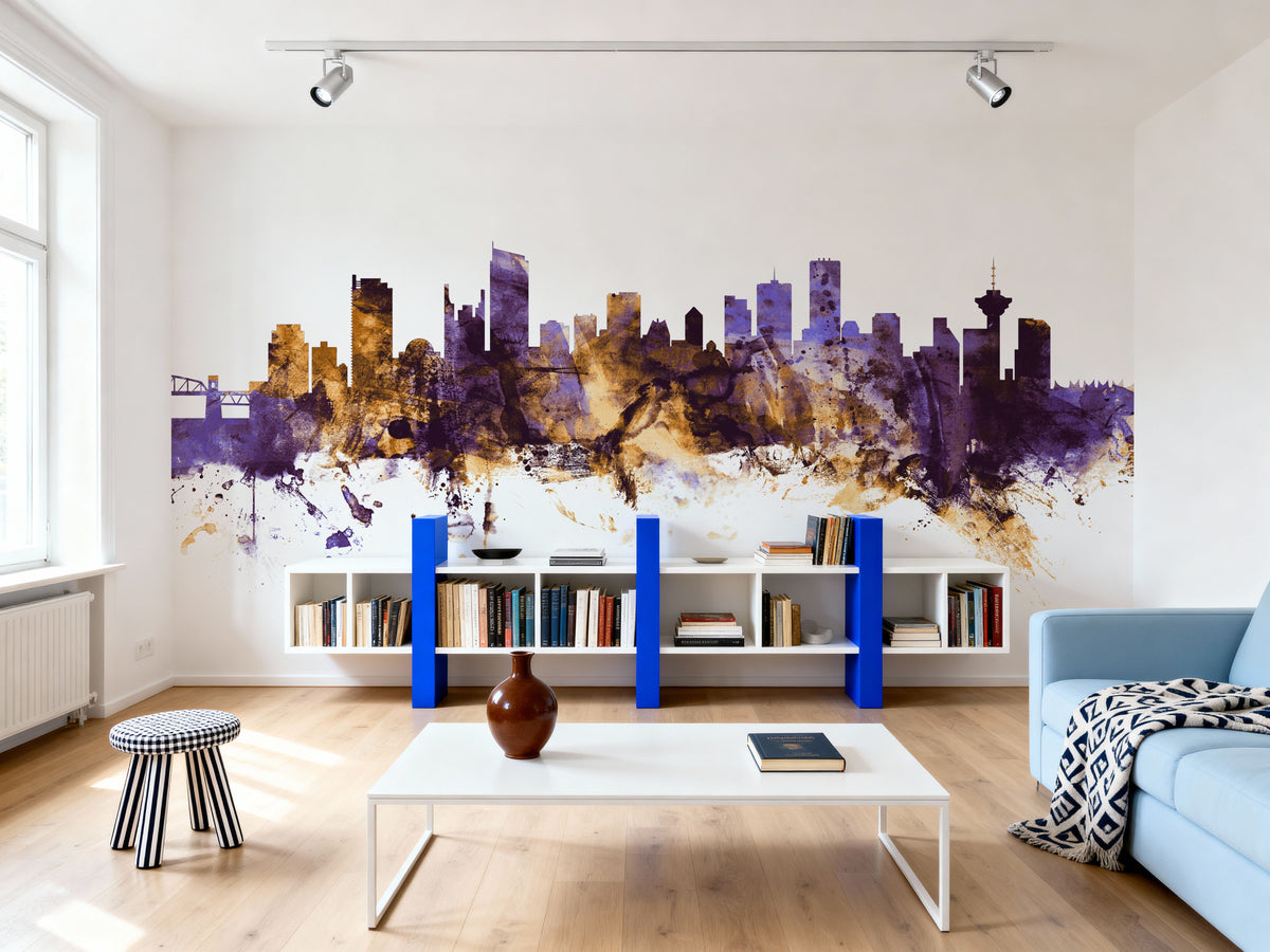 Vancouver Canada Skyline Purple & Gold Mural Wallpaper - room preview 06