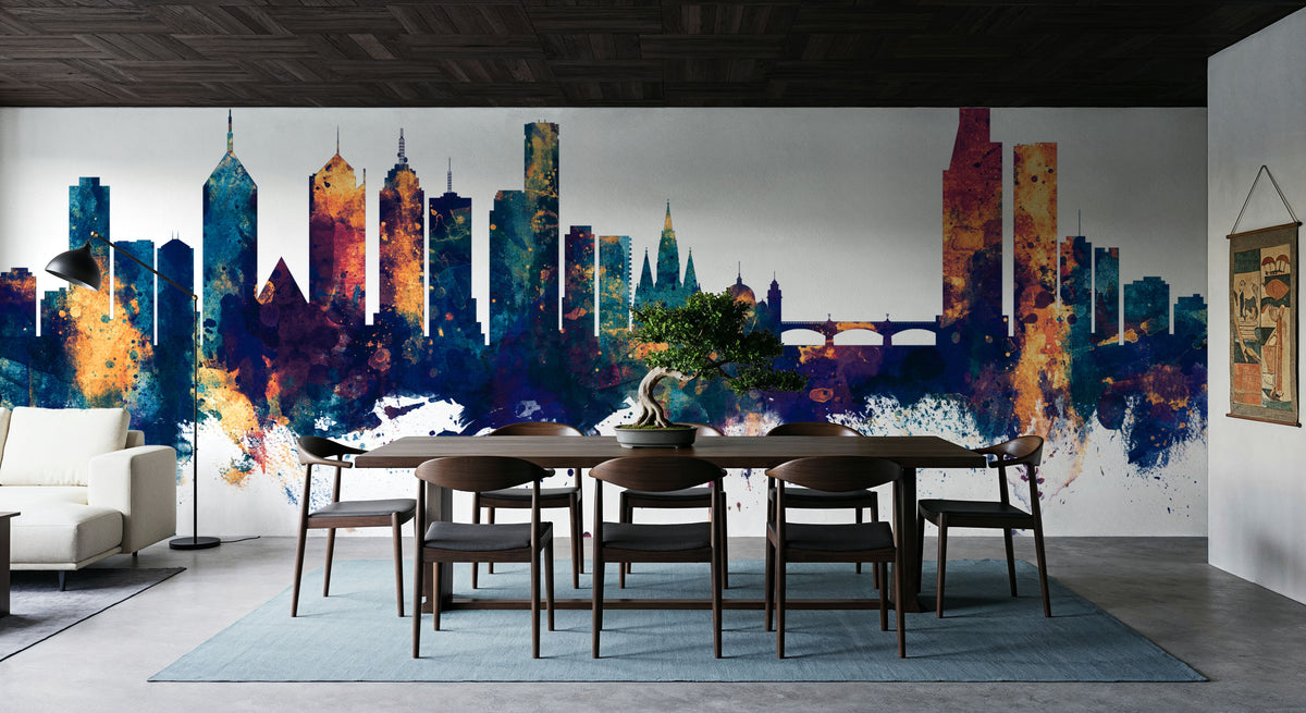 Melbourne Australia Skyline Blue & Bronze Mural Wallpaper - room preview 06