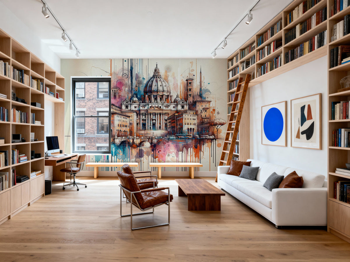 Watercolor Rome Skyline Mural Wallpaper - room preview 06