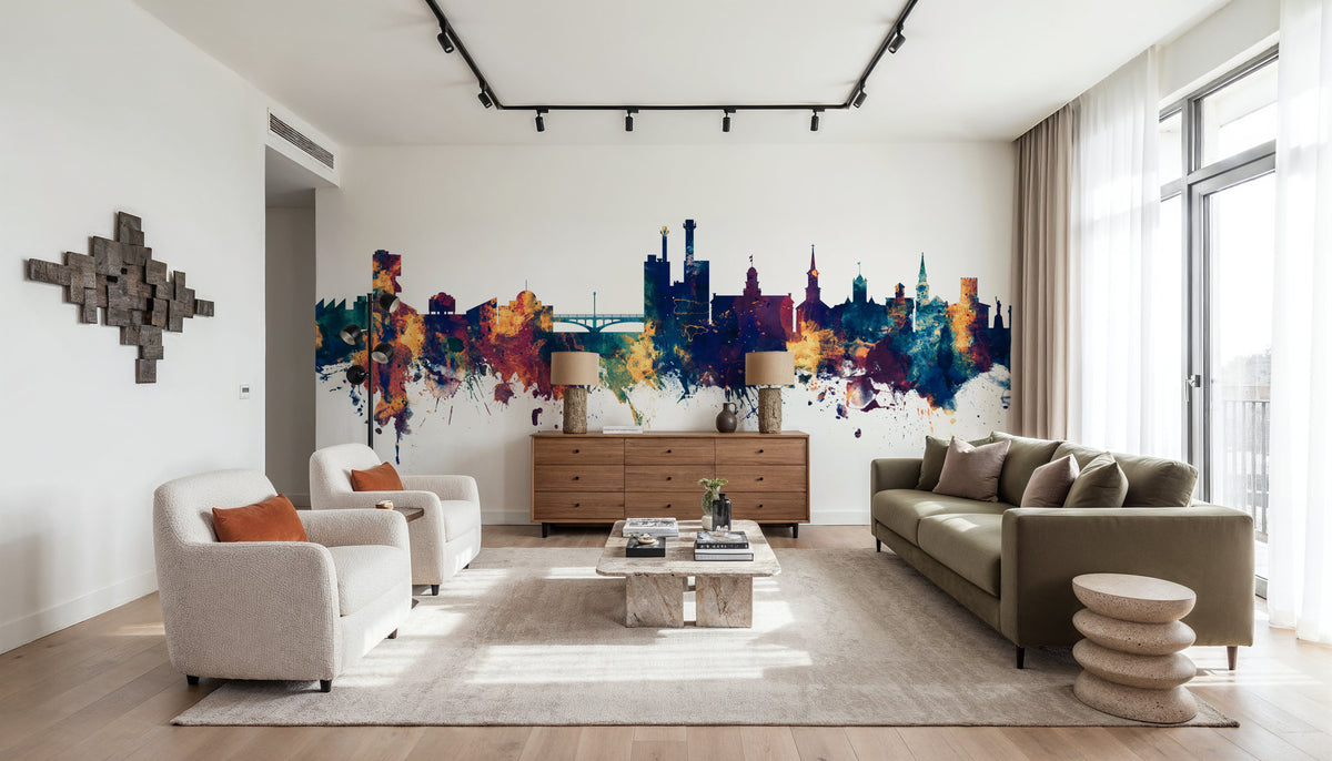 Iowa City Skyline Blu & Bronze Mural Wallpaper - room preview 06