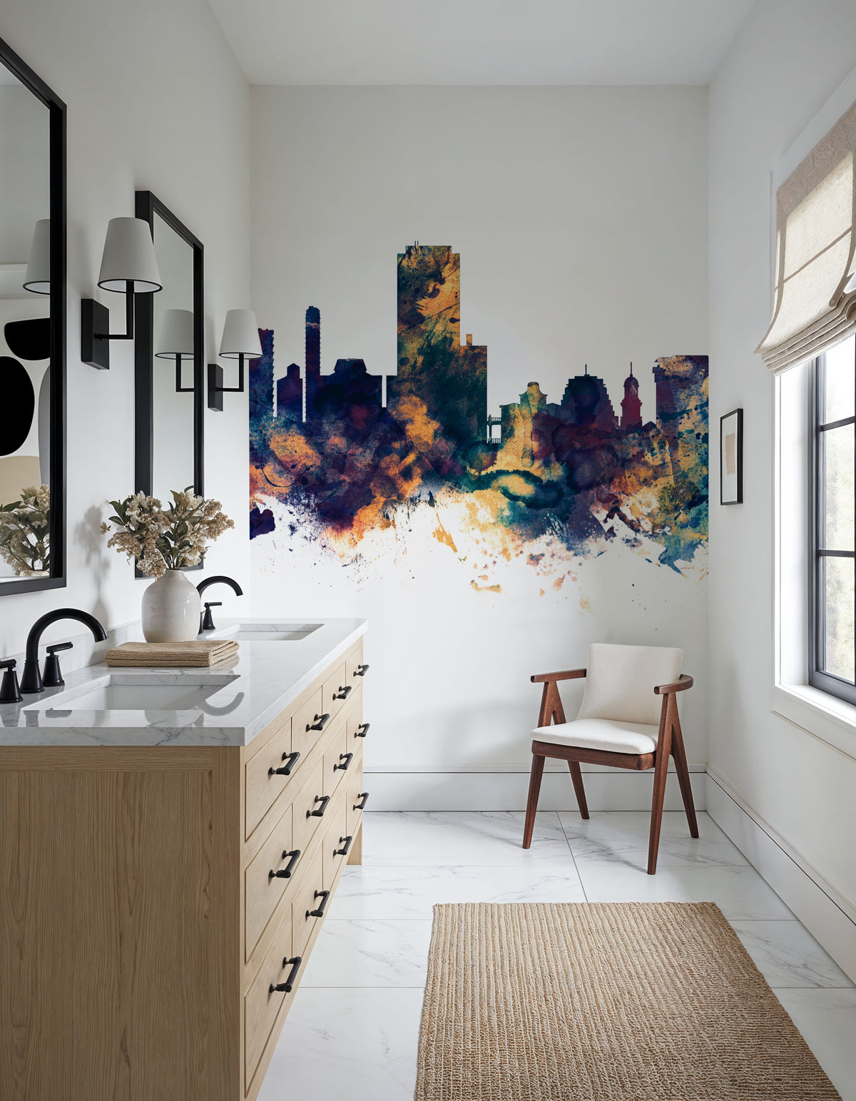 Wellington New Zealand Skyline Blue & Bronze Mural Wallpaper - room preview 06