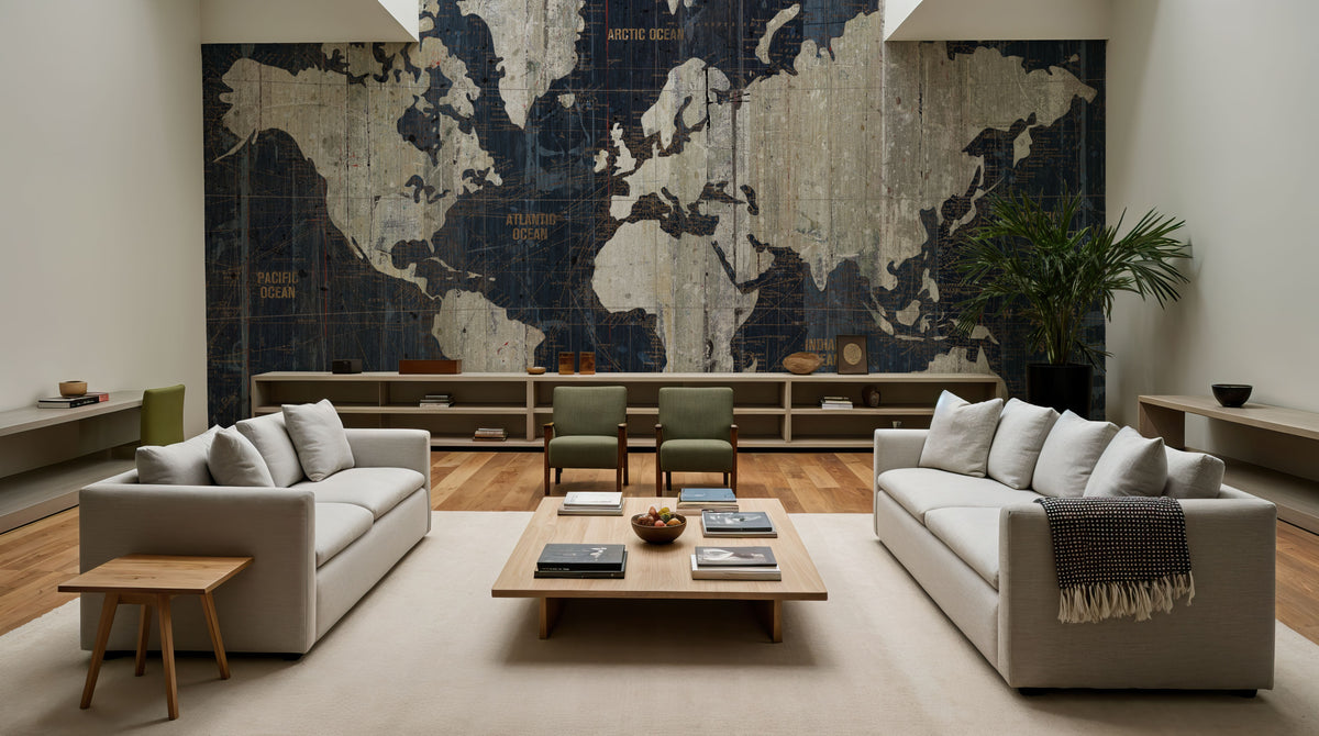 Old World Map Blue V2 Mural Wallpaper - room preview 06