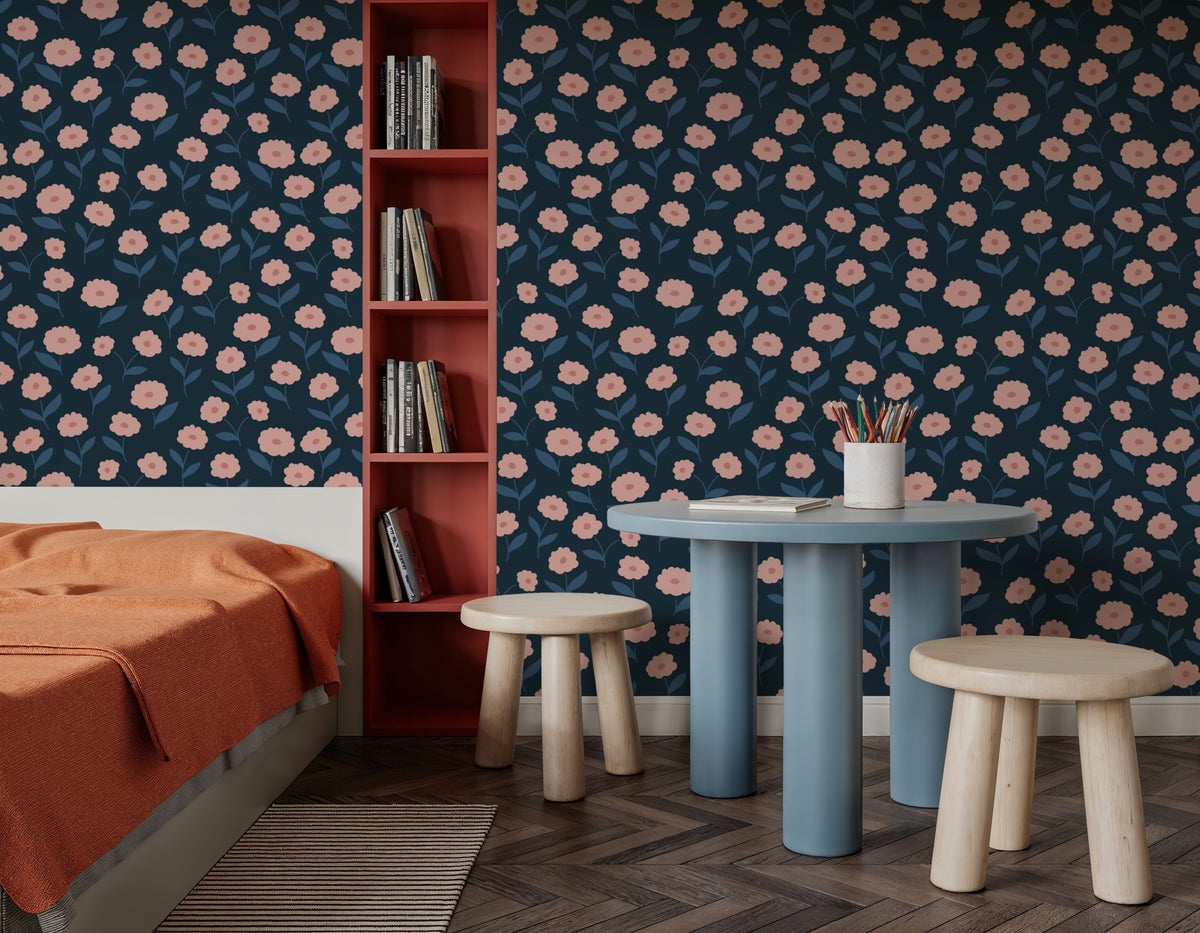 Pink Carnations in a Blue Field Mural Wallpaper - room preview 06