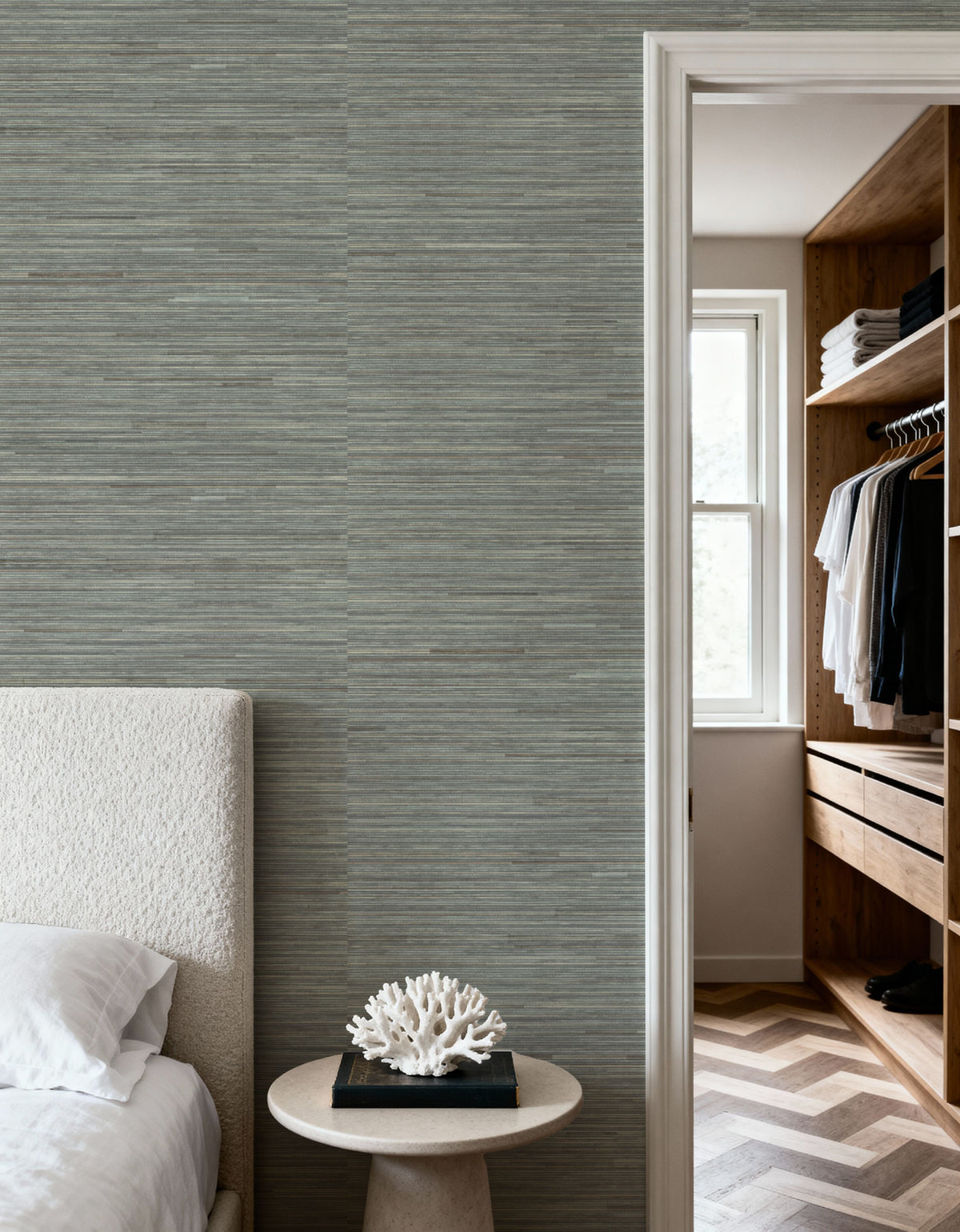 Faux Grasscloth with Visible Seams, Stone Grey Mural Wallpaper - room preview 06