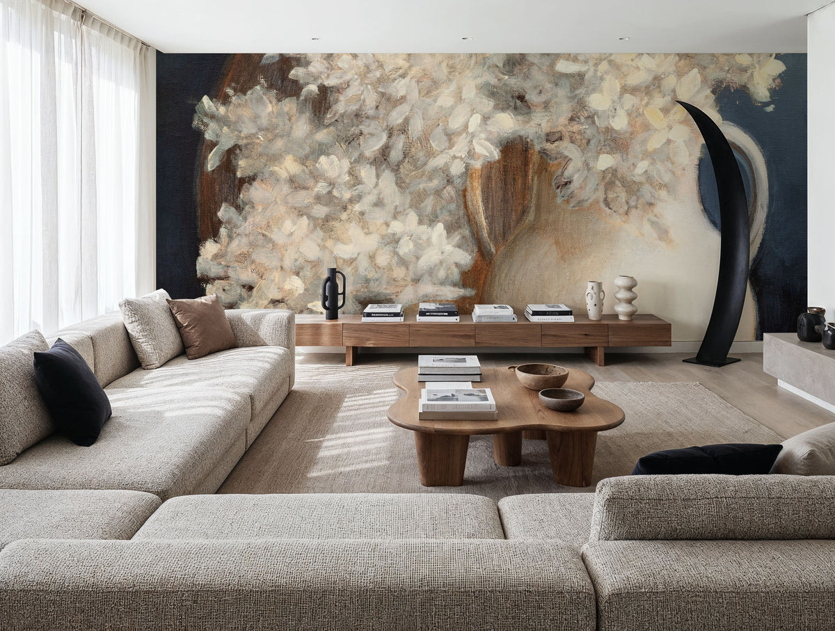 Golden Hydrangeas I White Mural Wallpaper - room preview 06