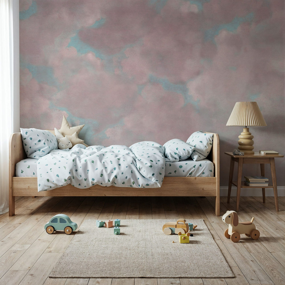 Painted Dreamy Clouds, Pink Mural Wallpaper - room preview 06