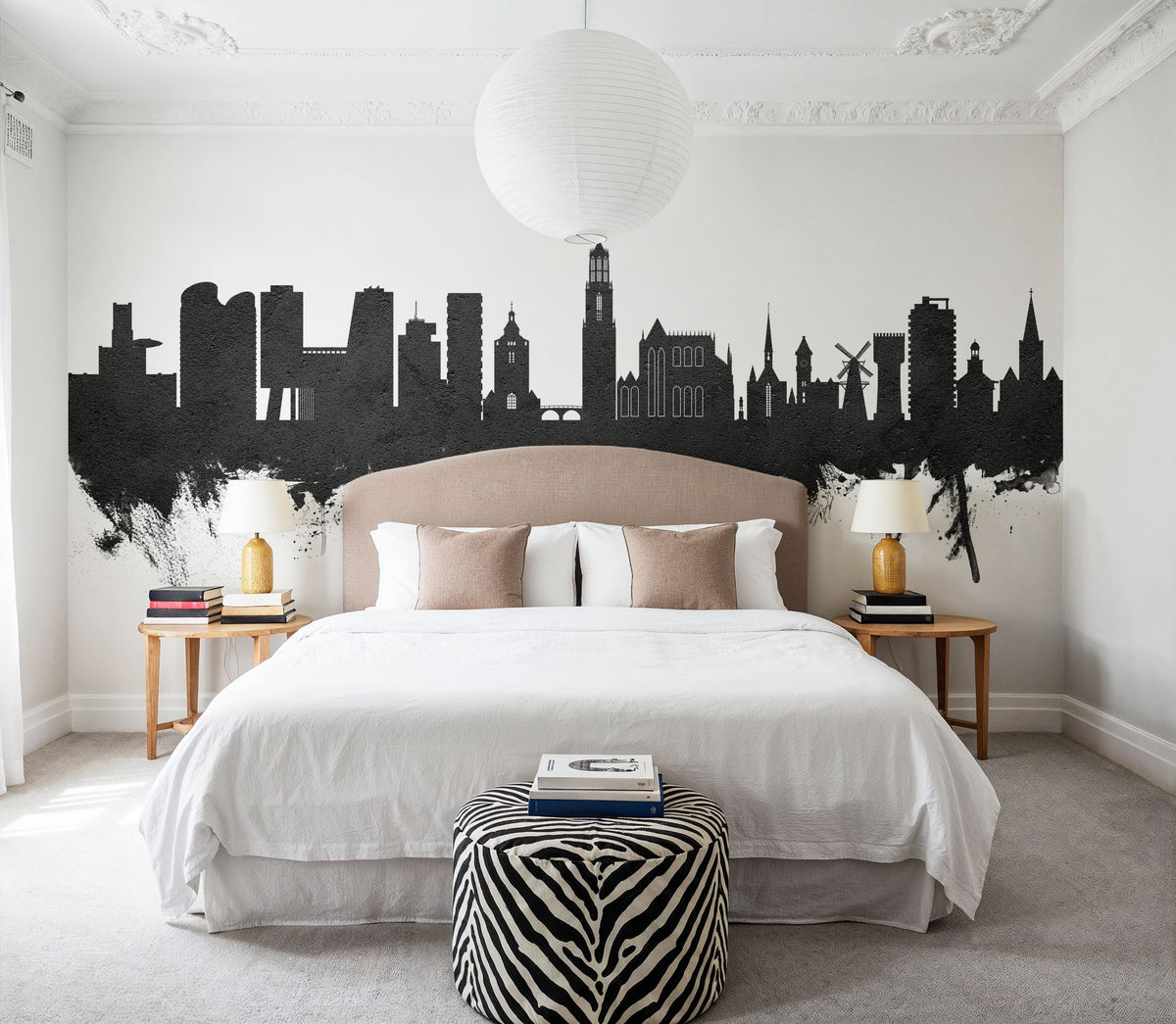 Utrecht the Netherlands Skyline Black & White Mural Wallpaper - room preview 06