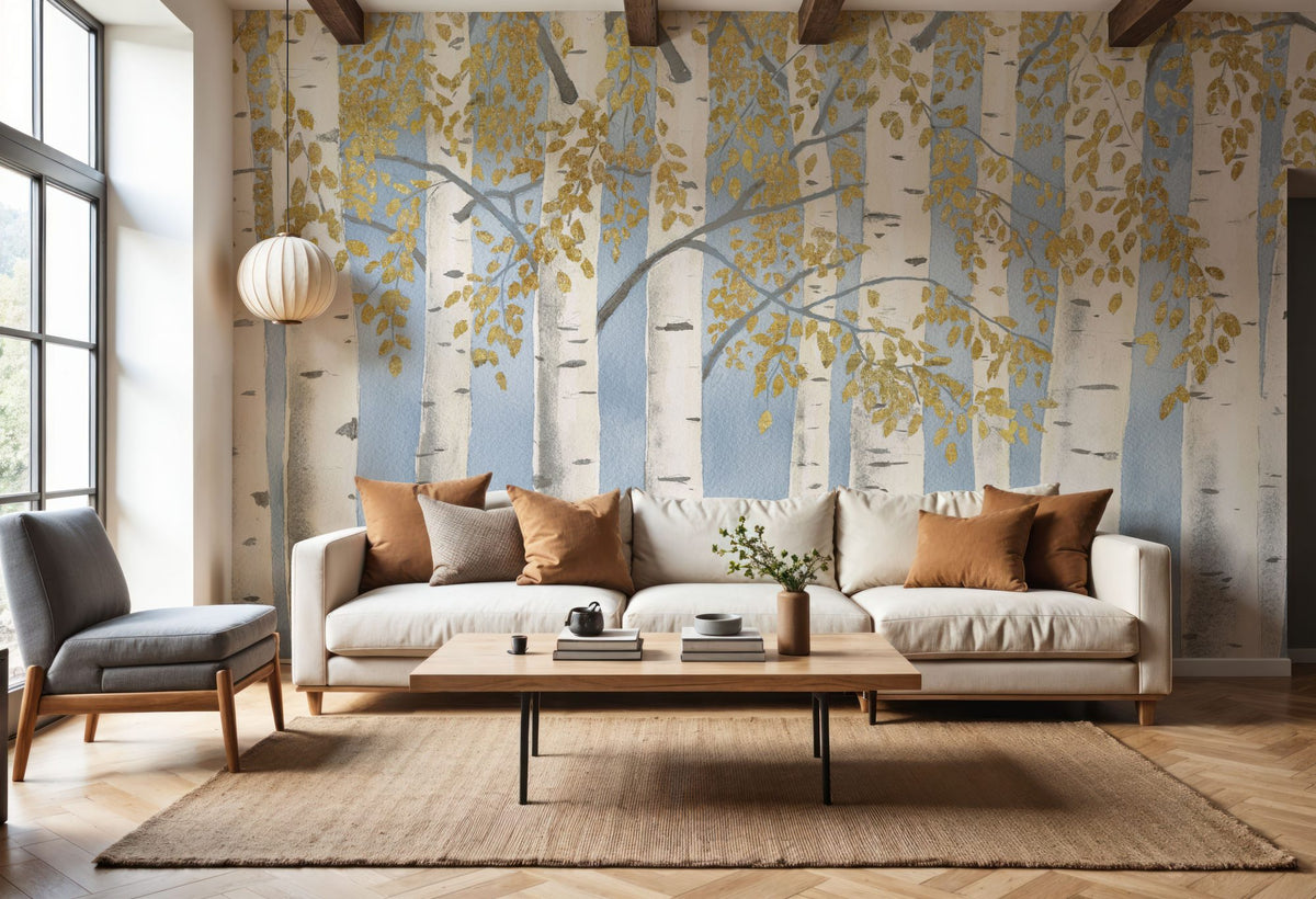 Fresh Forest Light Blue Gold Mural Wallpaper - room preview 06