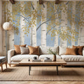 Fresh Forest Light Blue Gold Mural Wallpaper - room preview 06