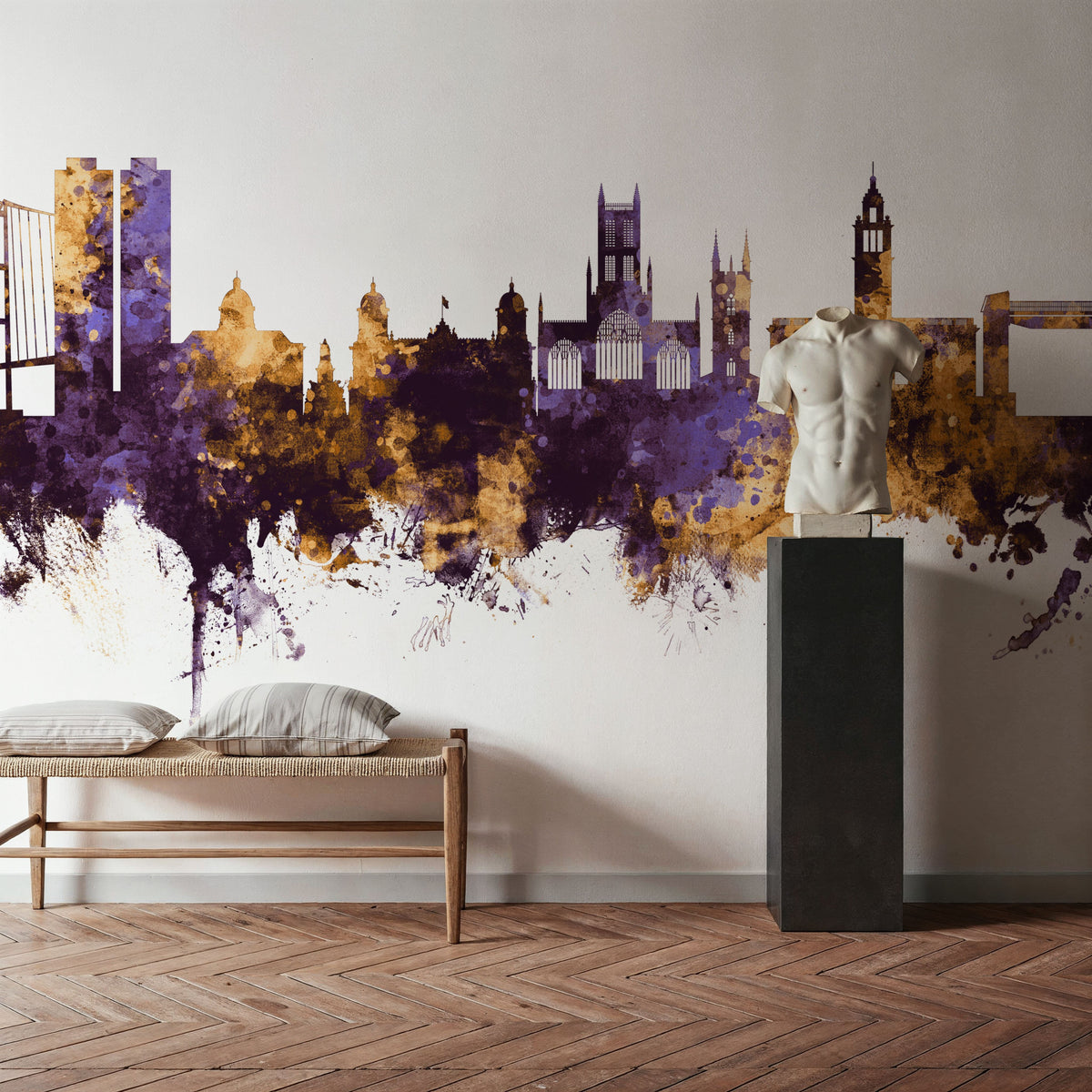Kingston Upon Hull England Skyline Purple & Gold Mural Wallpaper - room preview 06
