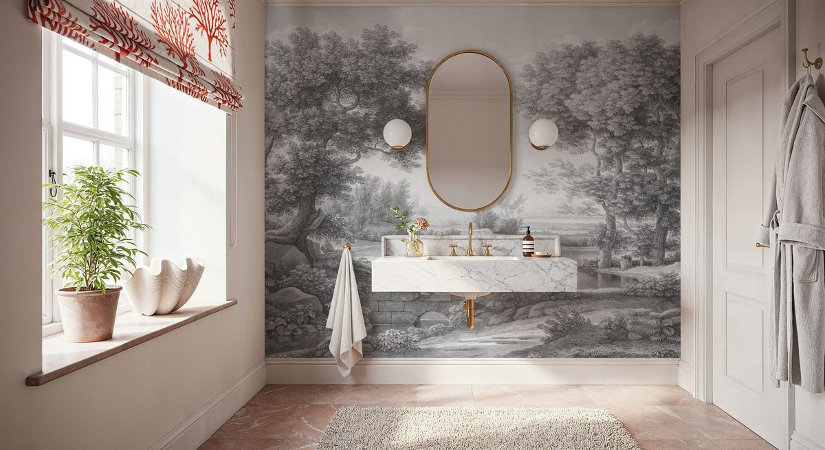 Riverbank Oak Landscape, Pewter Mural Wallpaper - room preview 06