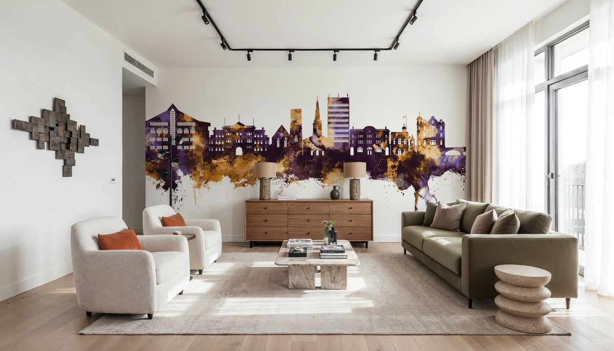 Maidstone England Skyline Purple & Gold Mural Wallpaper - room preview 06