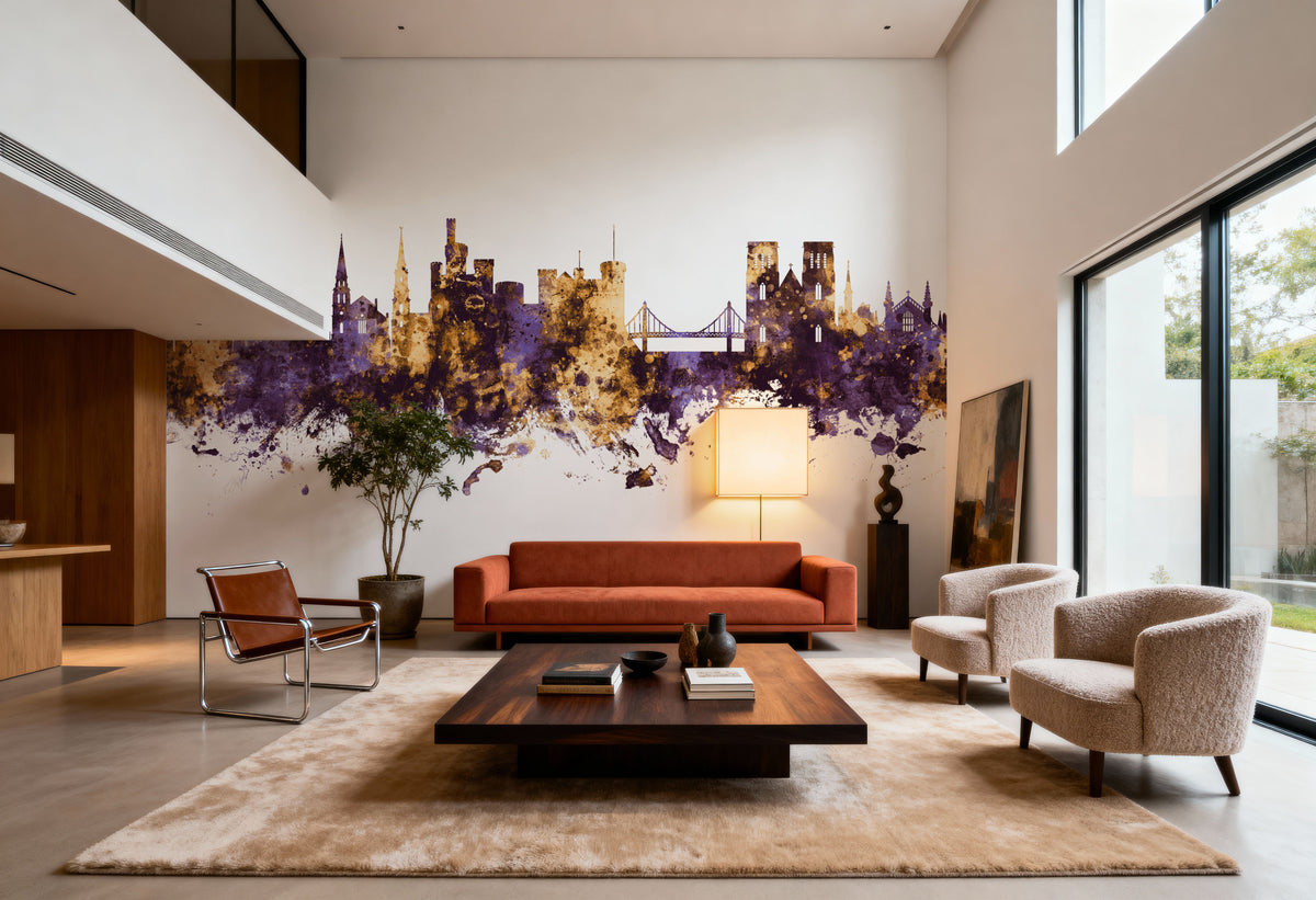 Inverness Scotland Skyline Purple & Gold Mural Wallpaper - room preview 06