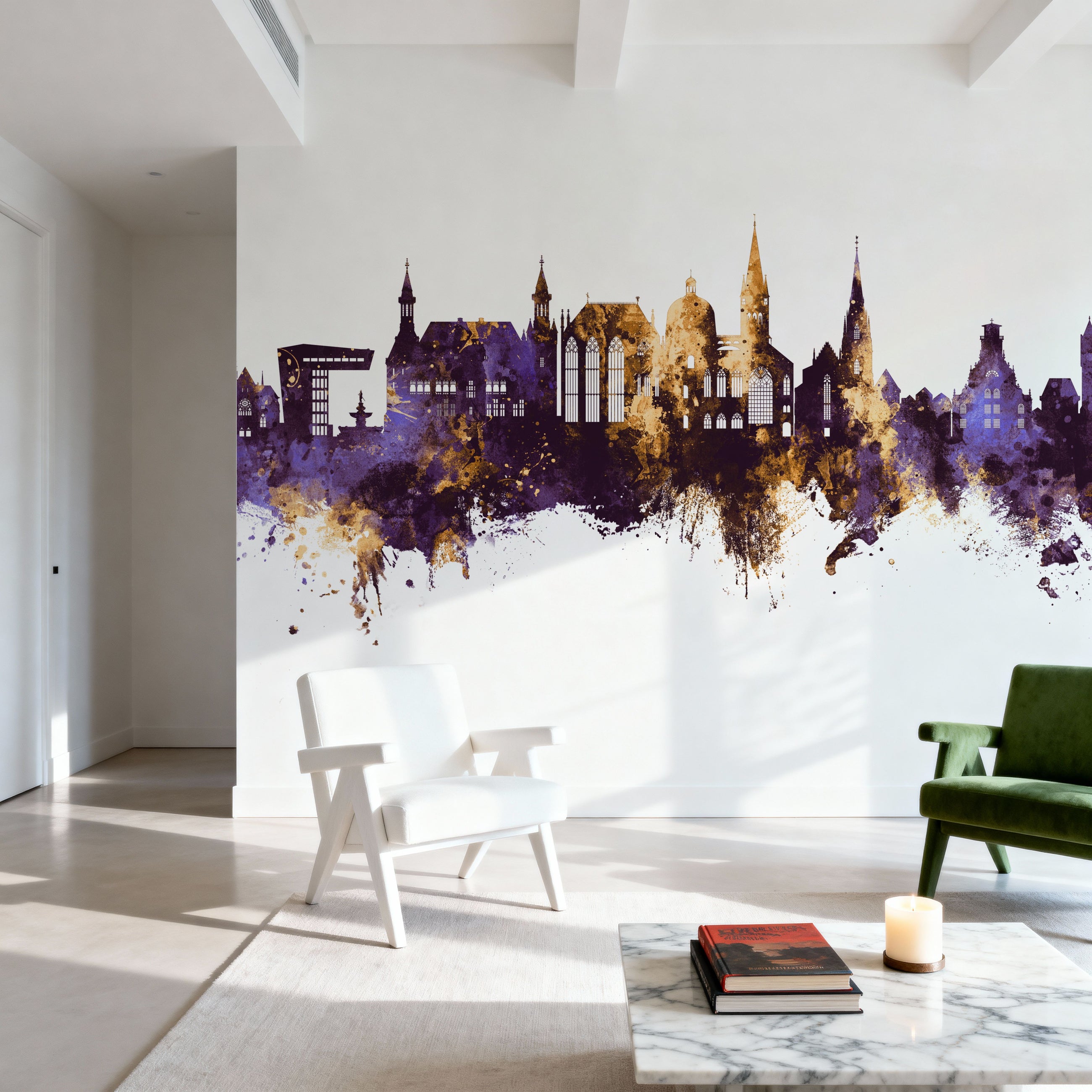 Aachen Germany Skyline Purple & Gold Mural Wallpaper
