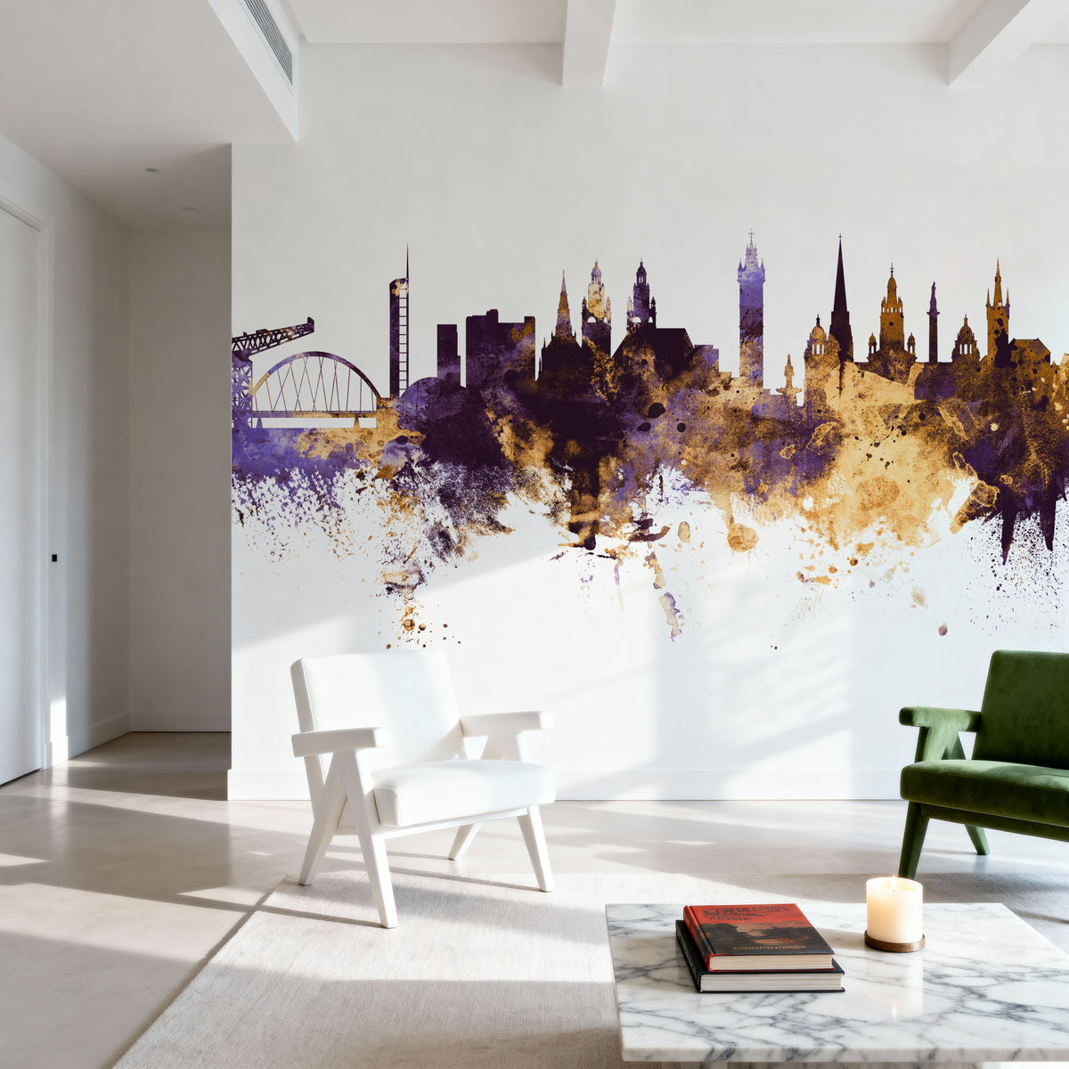Glasgow Scotland Skyline Purple & Gold Mural Wallpaper - room preview 06