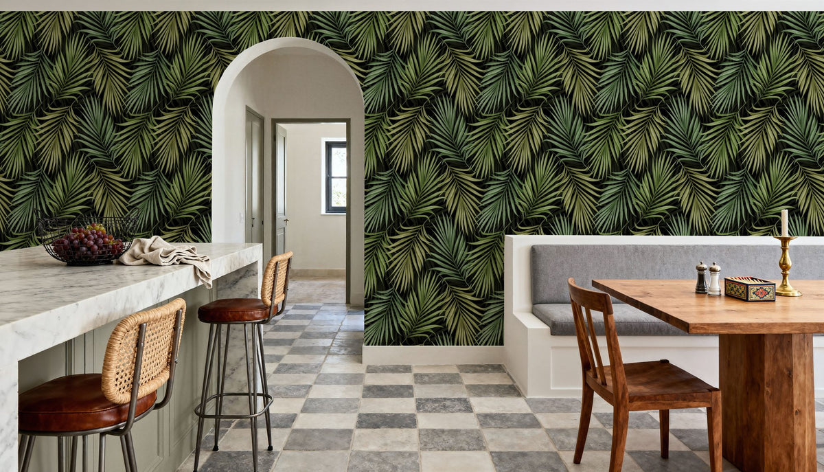 Bright Palms Pattern, Lush Green Mural Wallpaper - room preview 06