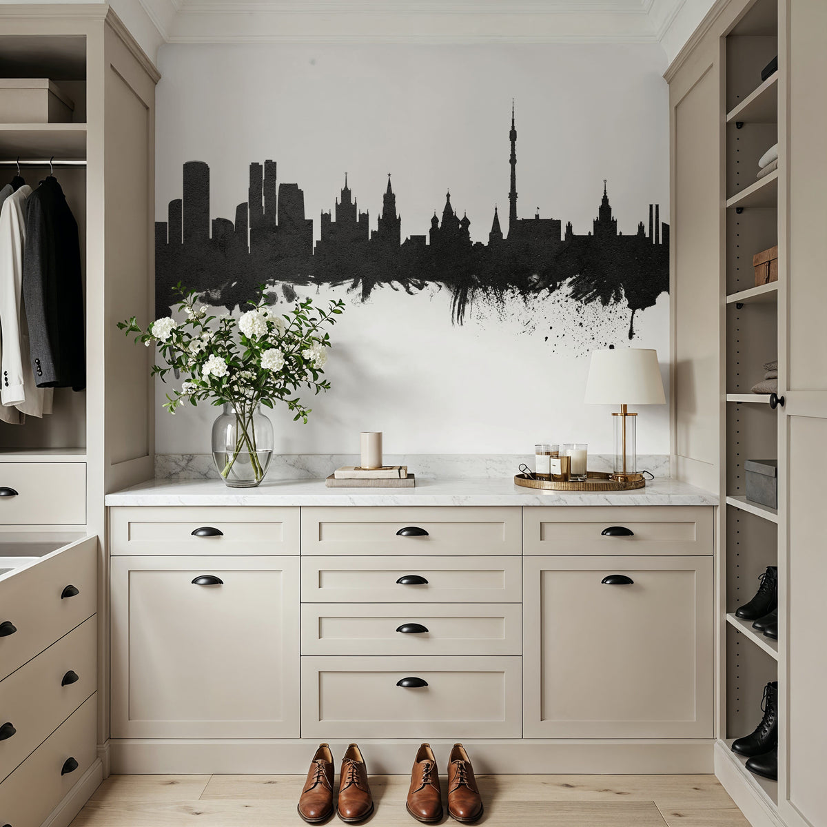 Moscow Russia Skyline Black & White Mural Wallpaper - room preview 06