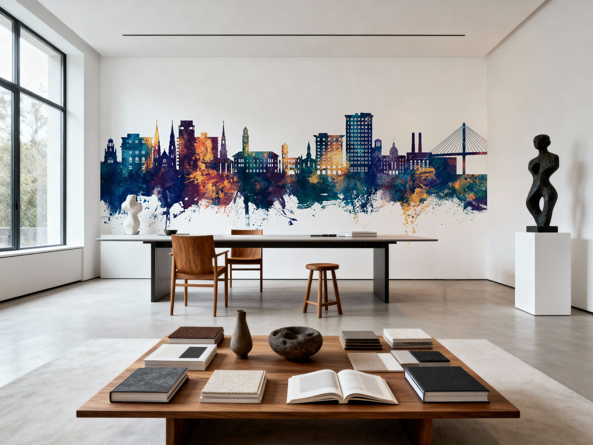 Savannah Georgia Skyline Blue & Bronze Mural Wallpaper - room preview 06