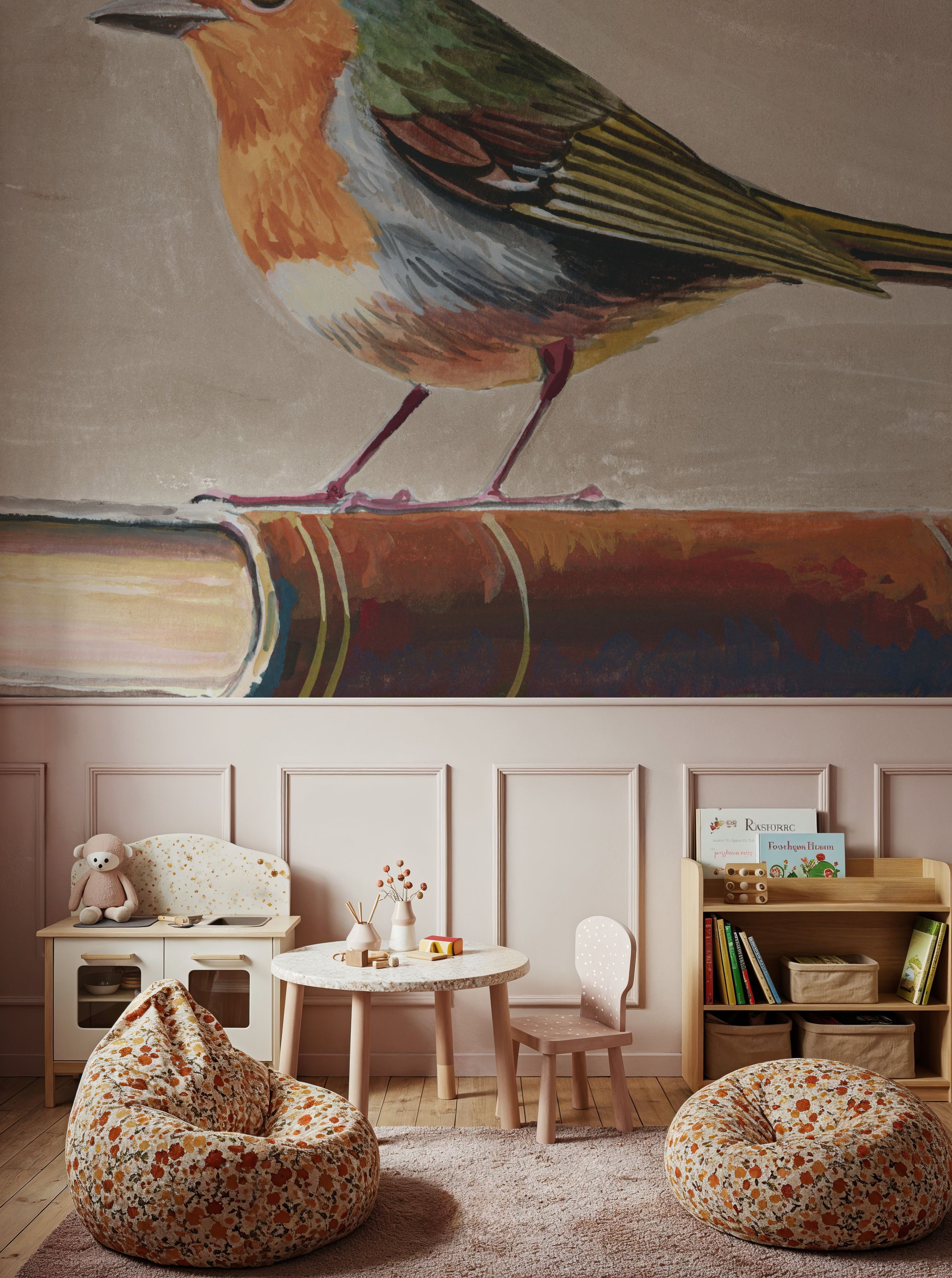 Academia Bird Study Neutral Mural Wallpaper