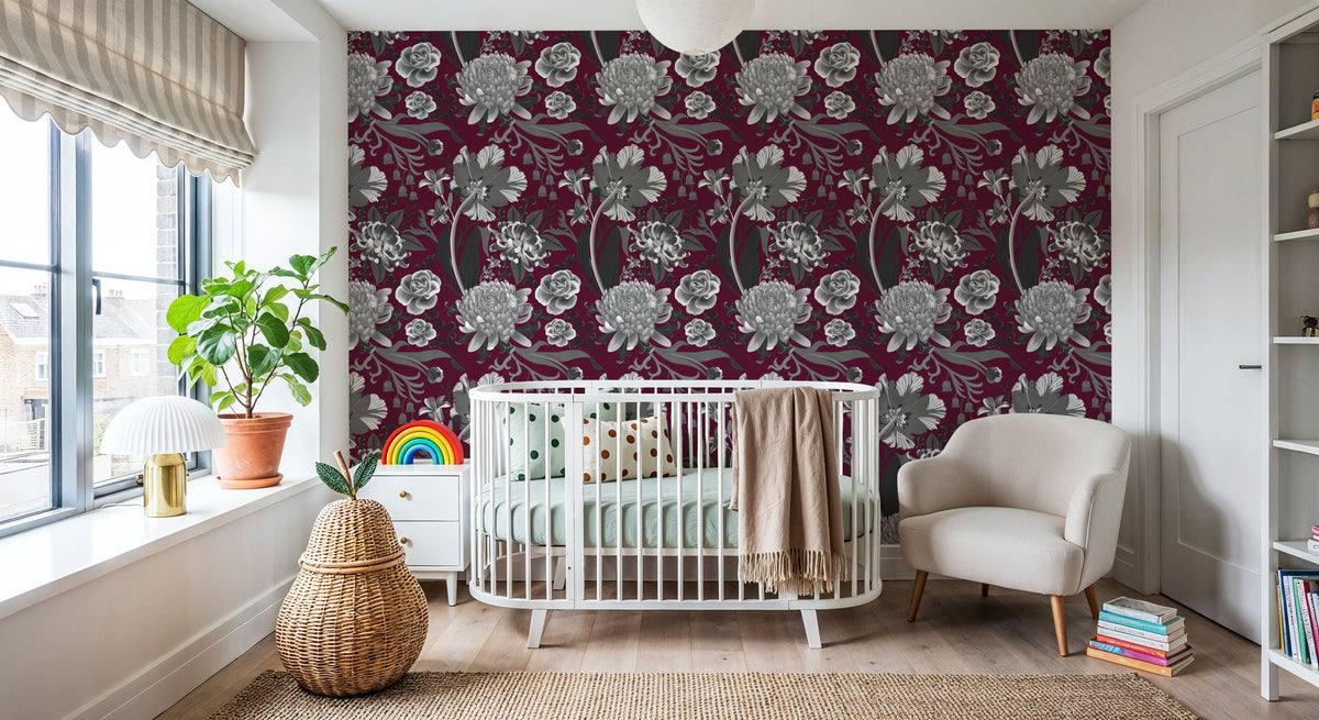 Rococo Chysatemums, Stone on Wine Mural Wallpaper - room preview 06