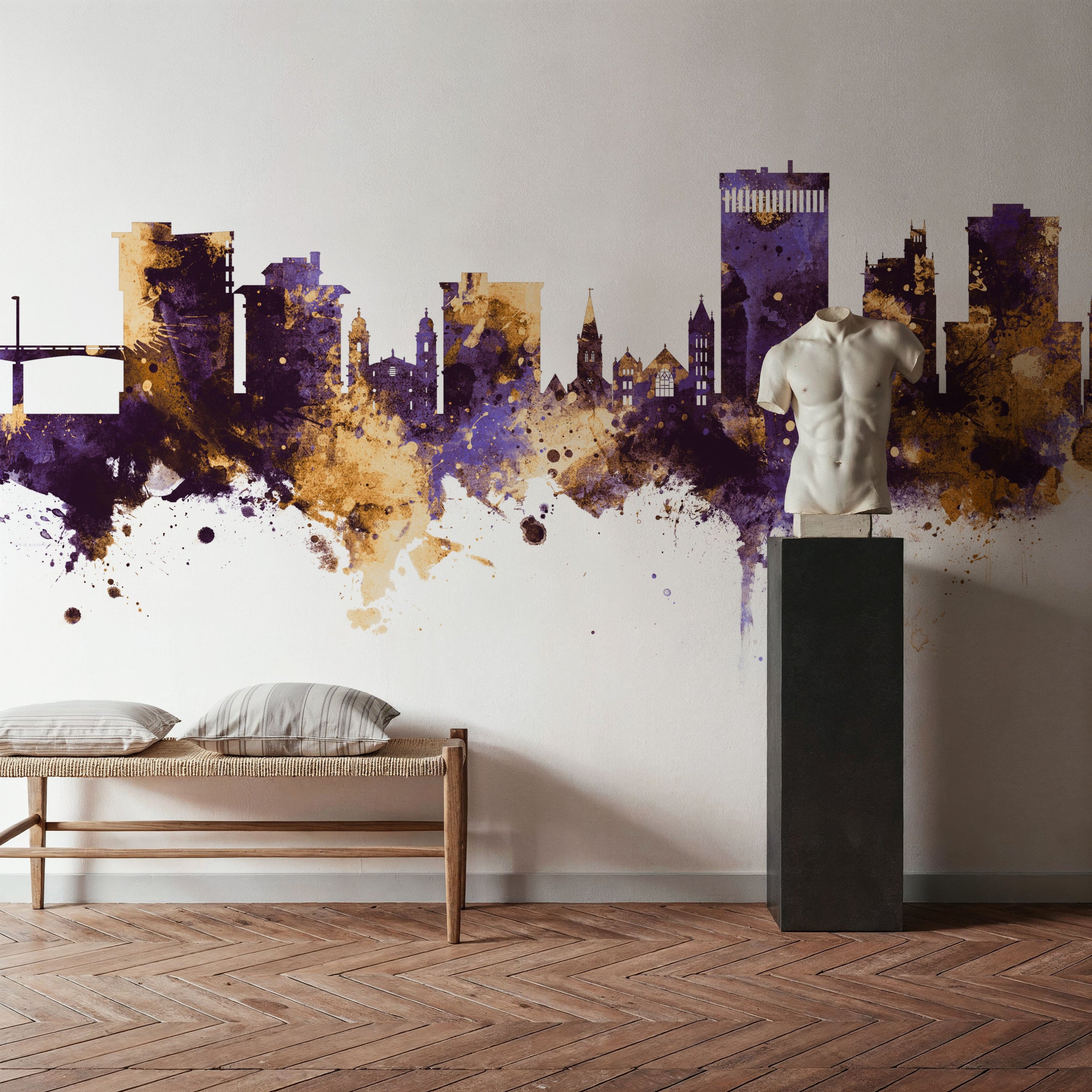 Asheville North Carolina Skyline Purple & Gold Mural Wallpaper