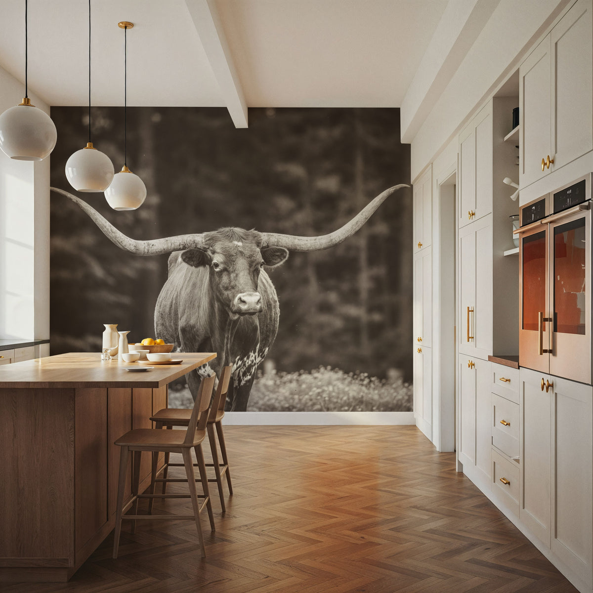 Longhorn Flowers Sepia Mural Wallpaper - room preview 06