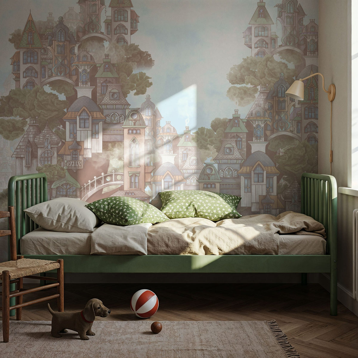 Treehouse Neighborhood Warm Pastel Mural Wallpaper - room preview 06