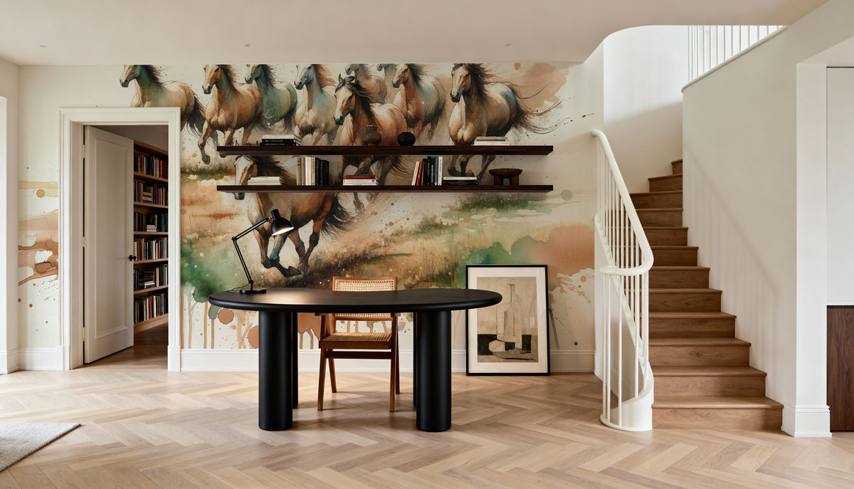 Horses Galloping Field Watercolor Mural Wallpaper - room preview 06