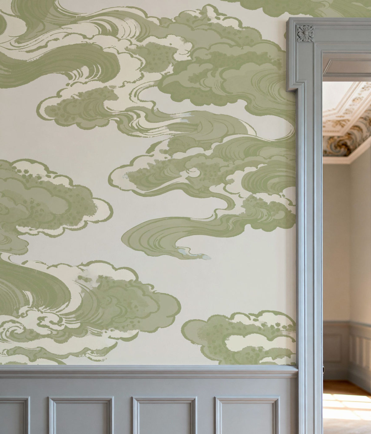 Ukiyo-e Clouds, Pistachio Mural Wallpaper - room preview 06