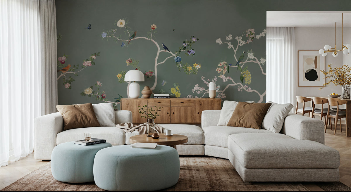 Birds in the Garden Dark Green Mural Wallpaper - room preview 06