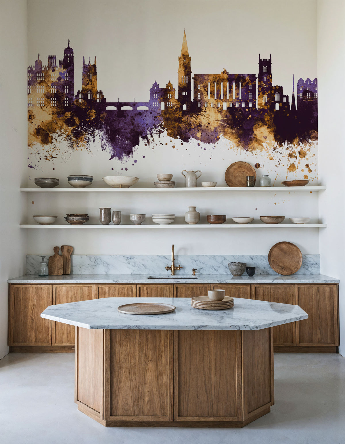 Stamford England Skyline Purple & Gold Mural Wallpaper - room preview 06