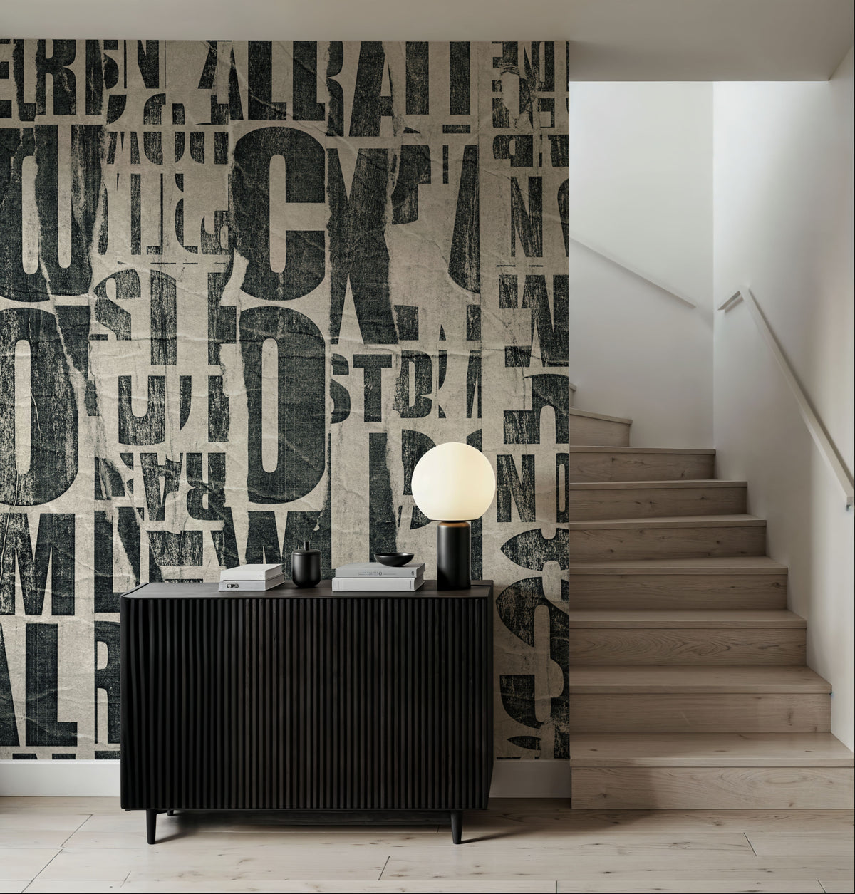 Letterpress Vintage Newspaper Collage, Black Mural Wallpaper - room preview 06