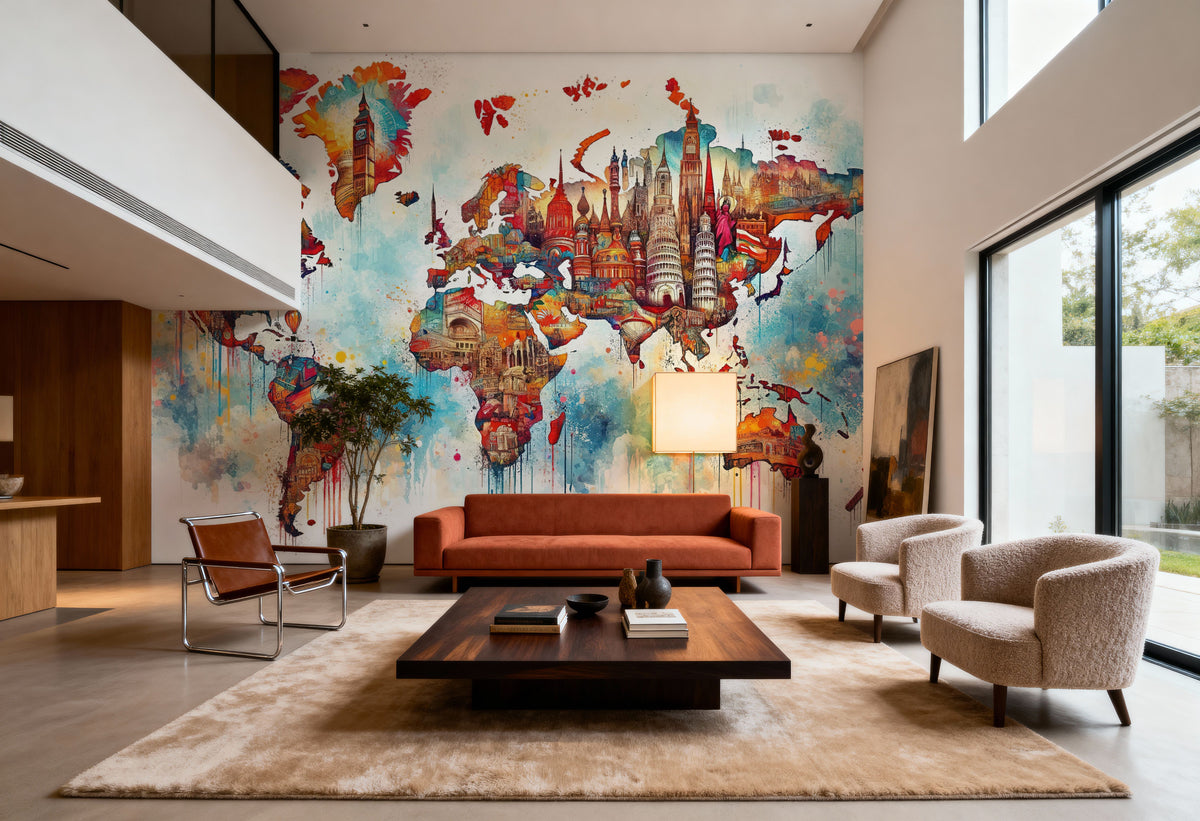 Watercolor World Map Landmarks Mural Wallpaper - room preview 06