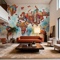 Watercolor World Map Landmarks Mural Wallpaper - room preview 06